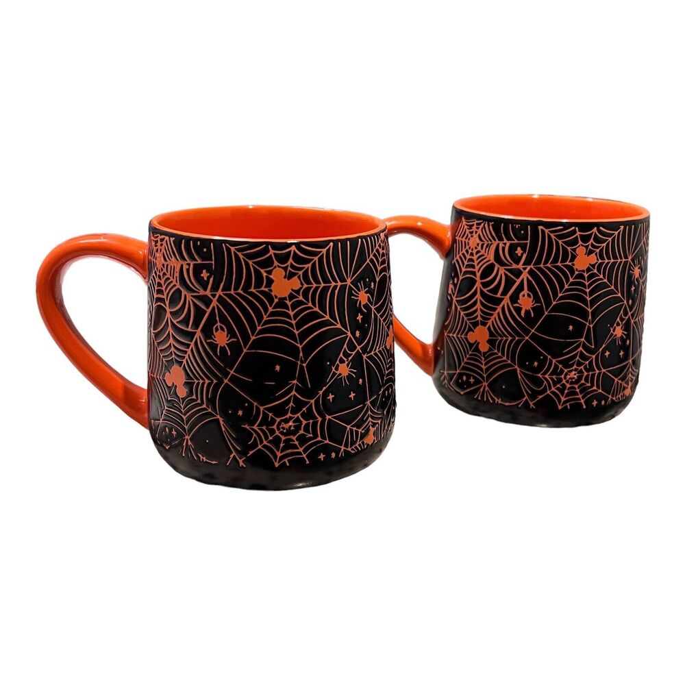 Disney Mugs Mickey Mouse Black Spiders Webs Halloween Orange Set Of 2 Ears NEW